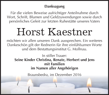 Traueranzeige von Horst Kaestner von Mitteldeutsche Zeitung Merseburg/Querfurt