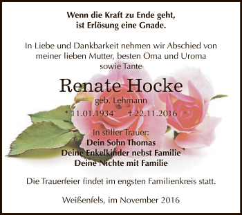 Traueranzeige von Renate Hocke von WVG - Wochenspiegel NMB / WSF / ZTZ