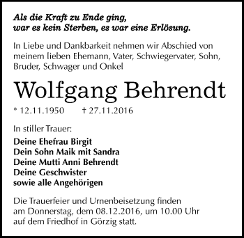 Traueranzeige von Wolfgang Behrendt von Mitteldeutsche Zeitung Köthen
