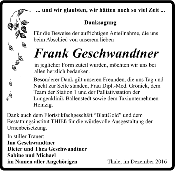 Traueranzeige von Frank Geschwandtner von Mitteldeutsche Zeitung Quedlinburg