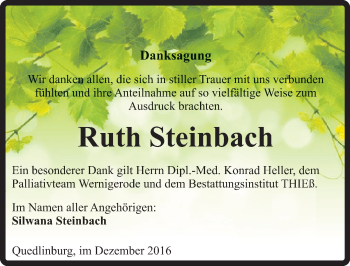 Traueranzeige von Ruth Steinbach von Mitteldeutsche Zeitung Quedlinburg