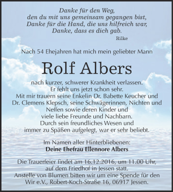 Traueranzeige von Rolf Albers von WVG - Wochenspiegel Wittenberg