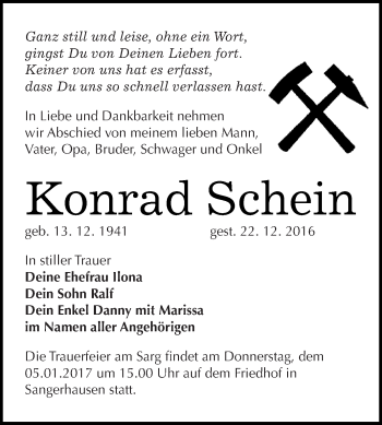 Traueranzeige von Konrad Schein von Super Sonntag SGH Mansf. Land