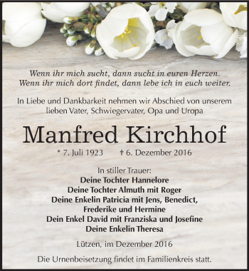 Traueranzeige von Manfred Kirchhof von Mitteldeutsche Zeitung Weißenfels