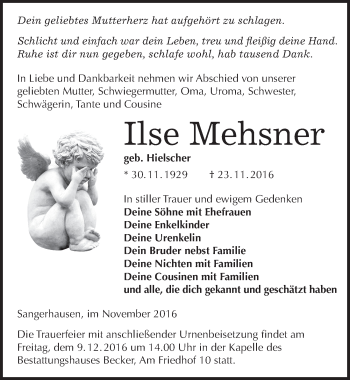 Traueranzeige von Ilse Mehsner von Mitteldeutsche Zeitung Sangerhausen