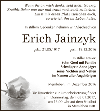 Traueranzeige von Erich Jainzyk von WVG - Wochenspiegel NMB / WSF / ZTZ