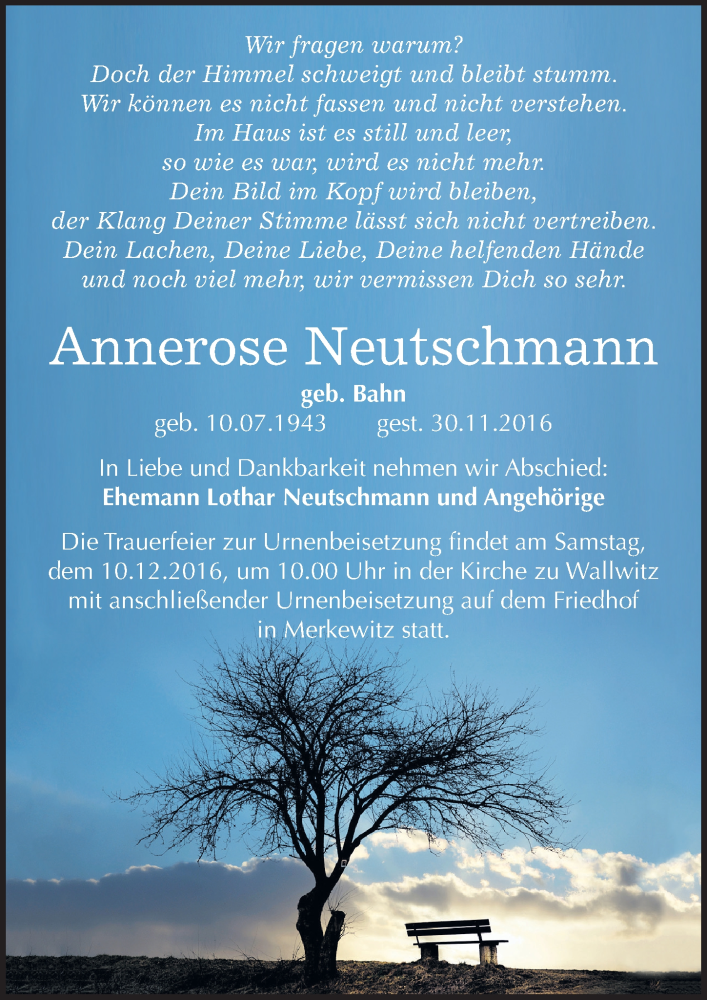  Traueranzeige für Annerose Neutschmann vom 03.12.2016 aus Mitteldeutsche Zeitung Halle/Saalkreis