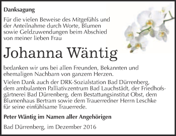 Traueranzeige von Johanna  Wäntig von Super Sonntag Merseburg