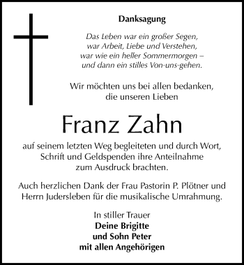 Traueranzeige von Franz Zahn von Mitteldeutsche Zeitung Naumburg/Nebra