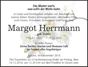 Traueranzeige von Margot Herrmann von Mitteldeutsche Zeitung Weißenfels