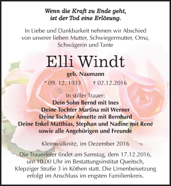Traueranzeige von Elli Windt von Mitteldeutsche Zeitung Köthen
