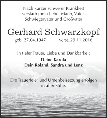 Traueranzeige von Gerhard Schwarzkopf von WVG - Wochenspiegel Bitterfeld