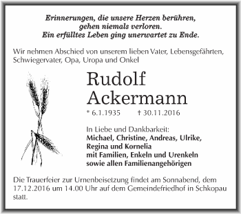 Traueranzeige von Rudolf Ackermann von WVG - Wochenspiegel Merseburg