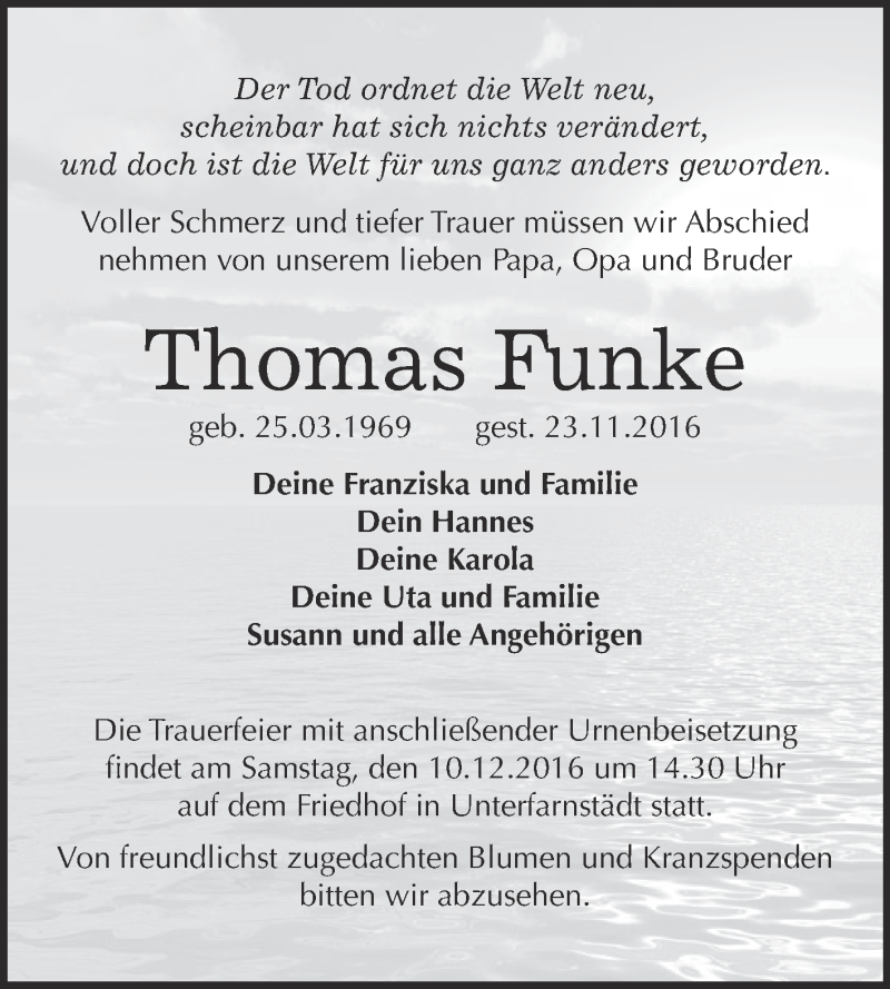  Traueranzeige für Thomas Funke vom 07.12.2016 aus WVG - Wochenspiegel Merseburg