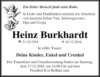 Traueranzeige von Heinz Burkhardt von WVG - Wochenspiegel Dessau / Köthen