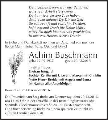 Traueranzeige von Achim Buschmann von WVG - Wochenspiegel NMB / WSF / ZTZ