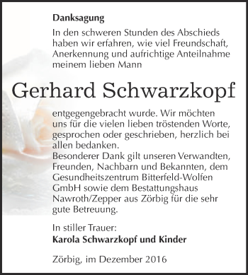Traueranzeige von Gerhard Schwarzkopf von WVG - Wochenspiegel Bitterfeld