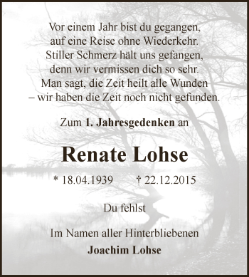 Traueranzeige von Renate Lohse von WVG - Wochenspiegel Dessau / Köthen