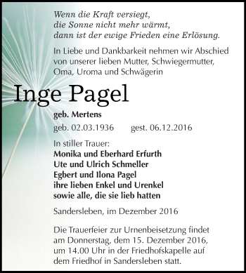 Traueranzeige von Inge Pagel von Super Sonntag SGH Mansf. Land