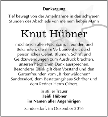 Traueranzeige von Knut Hübner von Mitteldeutsche Zeitung Bitterfeld
