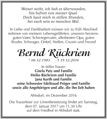 Traueranzeige von Bernd Rückriem von Wochenspiegel Mansfelder Land