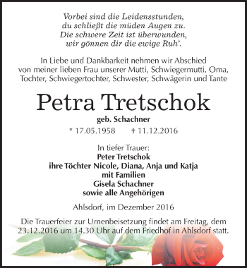 Traueranzeige von Petra Tretschok von Mitteldeutsche Zeitung Mansfelder Land