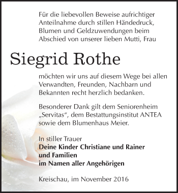 Traueranzeige von Siegrid Rothe von Mitteldeutsche Zeitung Weißenfels