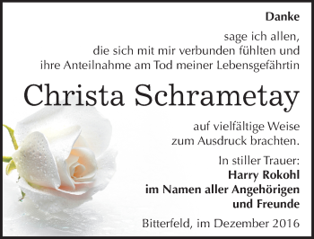 Traueranzeige von Christa Schrametay von Mitteldeutsche Zeitung Bitterfeld
