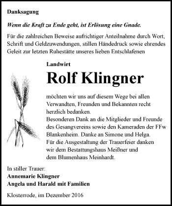 Traueranzeige von Rolf Klingner von Mitteldeutsche Zeitung Sangerhausen