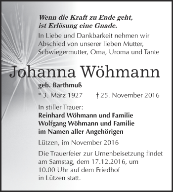 Traueranzeige von Johanna Wöhmann von Super Sonntag Merseburg
