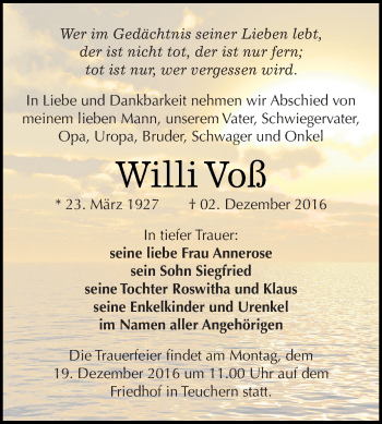 Traueranzeige von Willi Voß von WVG - Wochenspiegel NMB / WSF / ZTZ