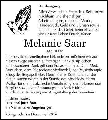 Traueranzeige von Melanie Saar von WVG - Wochenspiegel Quedlinburg