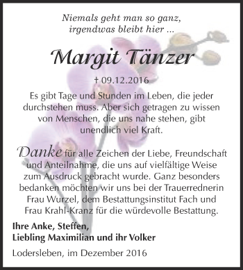 Traueranzeige von Margit Tänzer von WVG - Wochenspiegel Merseburg