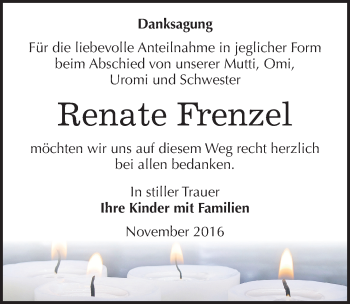 Traueranzeige von Renate Frenzel von Mitteldeutsche Zeitung Mansfelder Land
