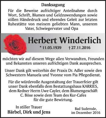 Traueranzeige von Herbert Winderlich von WVG - Wochenspiegel Quedlinburg