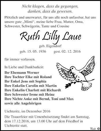 Traueranzeige von Ruth Lilly Laue von Mitteldeutsche Zeitung Weißenfels