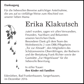 Traueranzeige von Erika Klakutsch von Super Sonntag SGH Mansf. Land