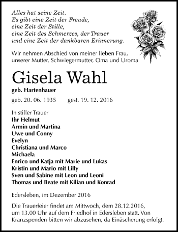 Traueranzeige von Gisela Wahl von Mitteldeutsche Zeitung Sangerhausen