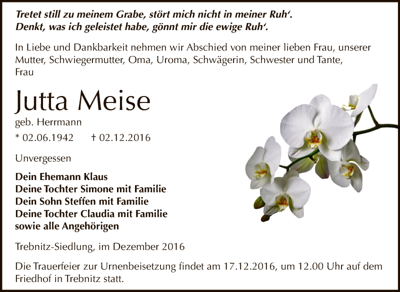  Traueranzeige für Jutta Meise vom 10.12.2016 aus Super Sonntag Zeitz