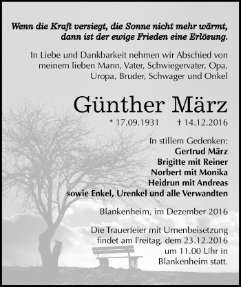 Traueranzeige von Günther März von Mitteldeutsche Zeitung Sangerhausen