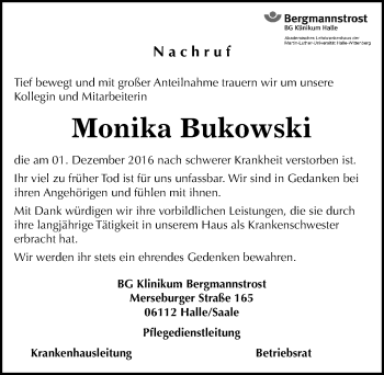 Traueranzeige von Monika Bukowski von Mitteldeutsche Zeitung Halle/Saalkreis