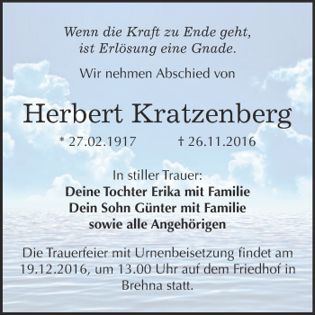 Traueranzeige von Herbert Kratzenberg von WVG - Wochenspiegel Bitterfeld