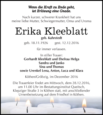 Traueranzeige von Erika Kleeblatt von WVG - Wochenspiegel Dessau / Köthen