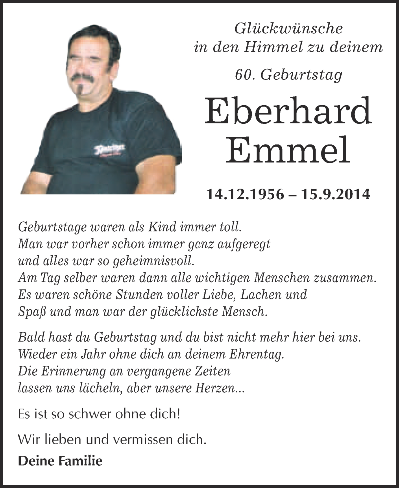  Traueranzeige für Eberhard Emmel vom 10.12.2016 aus Super Sonntag Wittenberg