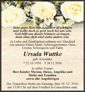 Traueranzeige von Ursula Wuttke von Mitteldeutsche Zeitung Aschersleben