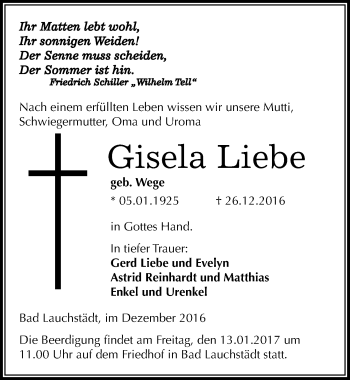Traueranzeige von Gisela Liebe von Mitteldeutsche Zeitung Merseburg/Querfurt