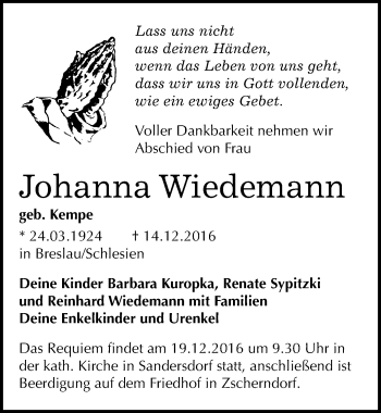 Traueranzeige von Johanna Wiedemann von Mitteldeutsche Zeitung Bitterfeld