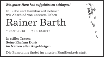 Traueranzeige von Rainer Barth von Super Sonntag Aschersleben