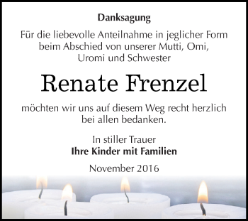 Traueranzeige von Renate Frenzel von Wochenspiegel Mansfelder Land
