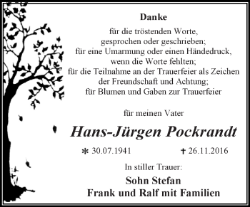 Traueranzeige von Hans-Jürgen Pockrandt von WVG - Wochenspiegel Dessau / Köthen